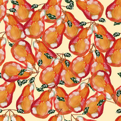 成熟的梨和叶子无缝的模式黄色的梨手画风格重复插图为打印纺织织物纺织壁纸海报成熟的梨和叶子无缝的模式黄色的