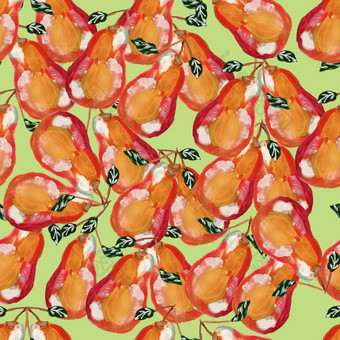 成熟的梨和叶子无缝的模式黄色的梨手画风格重复插图为打印纺织织物纺织壁纸海报成熟的梨和叶子无缝的模式