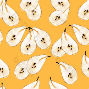切片梨与种子无缝的模式黄色的梨手画风格重复插图为打印纺织织物纺织壁纸海报切片梨与种子无缝的模式