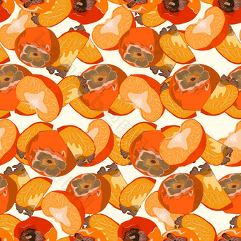 切片柿子无缝的模式柔和的黄色的背景沙龙水果没完没了的模式向量插图设计为壁纸面料纺织品包装切片柿子无缝的模式柔和的黄色的背景