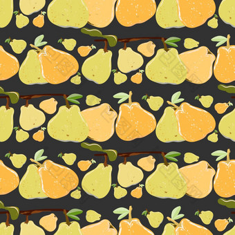 黄色的和橙色多汁的梨无缝的模式黑色的背景夏天水果没完没了的模式设计为壁纸面料纺织品包装黄色的和橙色多汁的梨无缝的模式黑色的背景
