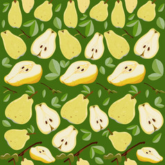 黄色的和橙色多汁的切片梨与叶子无缝的模式绿色背景夏天水果没完没了的模式设计为壁纸面料纺织品包装黄色的和橙色多汁的切片梨与叶子无缝的模式绿色背景
