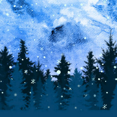 蓝色的景观与圣诞节树和冬天霜天空背景圣诞节假期插图蓝色的散景背景蓝色的景观与圣诞节树和冬天霜天空背景