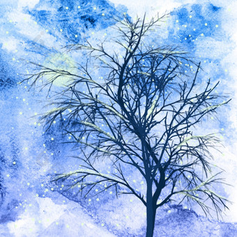 冬天树与<strong>雪景</strong>观圣诞节假期插图蓝色的散景背景冬天树与<strong>雪景</strong>观