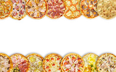 各种各样的新鲜烤意大利披萨前视图复制空间