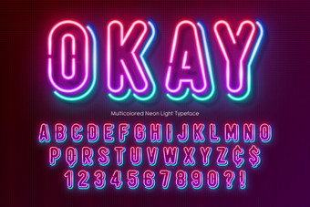 霓虹灯光字母五彩缤纷的额外的发光的字体。独家斯沃琪颜色控制霓虹灯光字母五彩缤纷的额外的发光的字体。