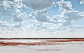 夏天景观湖在的已经的坑<strong>石英</strong>沙子与远程地平线和美丽的多云的天空湖在<strong>石英</strong>沙子下美丽的多云的天空