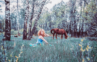 年轻的金发碧眼的女人与长头发坐着的草对放牧马的农村与桦树焦点的前景模糊古董过滤器金发女郎女人休息的草