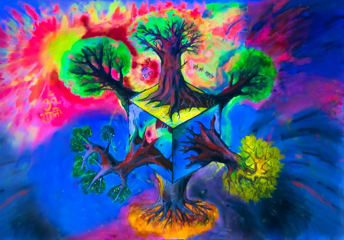 照片的令人惊异的画神奇的多维树多维数据集丙烯酸油漆和标记色彩斑斓的迷幻视觉艺术科别古托夫织物紫外线光