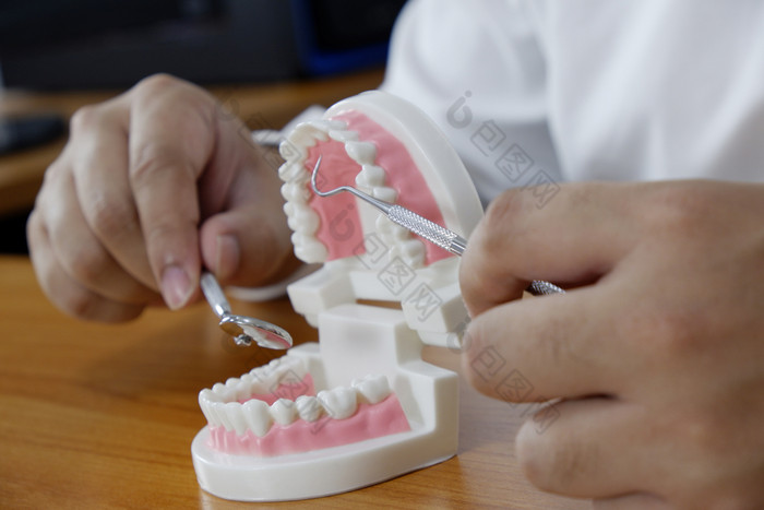牙医使用工具牙齿模型牙科办公室专业牙科诊所牙科和医疗概念