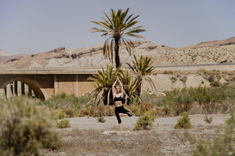 年轻的<strong>活跃</strong>的女人练习瑜伽沙漠阳光明媚的一天健康和<strong>活跃</strong>的生活概念