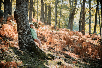 小女孩穿羊毛帽秋天森林在蕨类植物小女孩秋天森林在蕨类植物