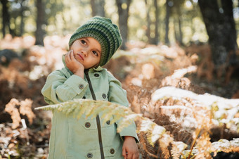 小女孩穿羊毛帽秋天森林在蕨类植物戏剧与植物小女孩秋天森林在蕨类植物