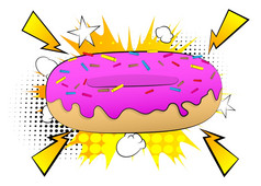 甜甜圈与粉红色的釉摘要背景漫画书风格卡通向量插图
