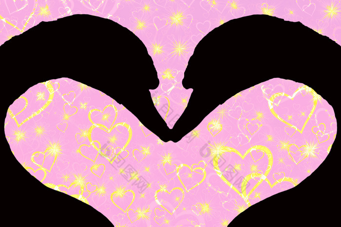 情人节一天概念轮廓两个天鹅头形成心形状在一起孤立的粉红色的背景与金闪闪发光的心