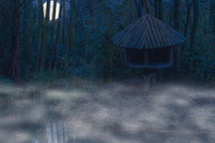 多雾的晚上的丛林雾以上的水和明亮的月亮的天空木树小屋的河一边
