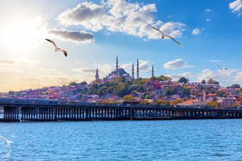 的苏莱曼尼耶清真寺美丽的伊斯坦布尔视图从的横跨博斯普鲁斯海峡火鸡的苏莱曼尼耶清真寺美丽的伊斯坦布尔视图从的横跨博斯普鲁斯海峡火鸡