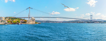 的横跨博斯普鲁斯海峡桥和的奥塔奎清真寺伊斯坦布尔火鸡全景视图的横跨博斯普鲁斯海峡桥和的奥塔奎清真寺伊斯坦布尔火鸡全景视图