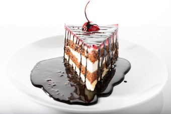 一块蛋糕与流动巧克力白色板一块蛋糕与流动巧克力白色板
