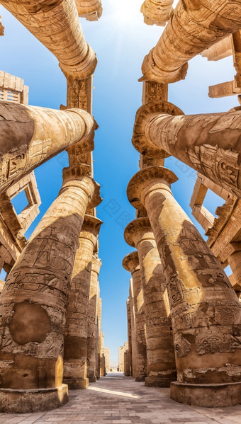卡纳克大厅柱子和的蓝色的天空卢克索埃及卡纳克大厅柱子和的蓝色的天空卢克索埃及
