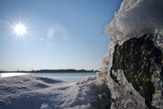 宁静的冬季场景与特写镜头岩石覆盖与冰和雪和无冰的河背景阳光明媚的春天一天的开始3月水平摄影图像