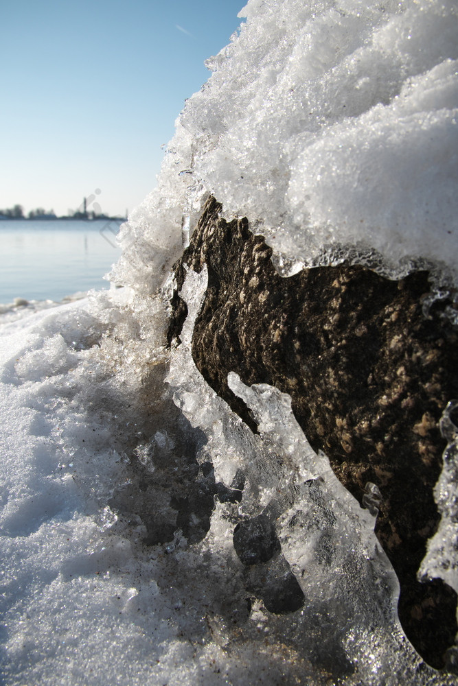 宁静的冬季场景与特写镜头岩石覆盖与冰和雪和无冰的河背景阳光明媚的春天一天的开始3月水平摄影图像