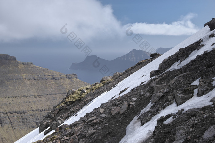 水平风景图像法罗语景观与美丽的山覆盖与雪和的北大西洋海洋遥远的背景光荣的风景的法罗语明信片主题