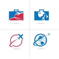 旅行标志集设计票机构和旅游向量图标飞机袋和全球行李袋标志世界之旅插图飞机全球形状象征