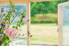 花和窗口视图莱姆大厅庄严的首页峰区柴郡