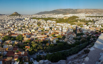 雅典希腊城市景观查看从的卫城与枸杞子山的背景