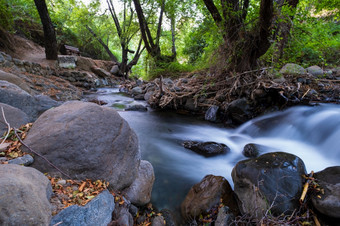 纯水流与光滑的流在岩石山地形的卡科佩特里亚森林troodos塞浦路斯慢曝光创建真实的流印象