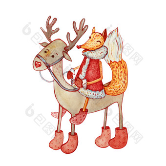 快乐令人难以置信的和狡猾的狐狸皮毛外套感觉靴子和连指手套骑圣诞节驯鹿手画水彩设计为问候卡片打印海报贴纸