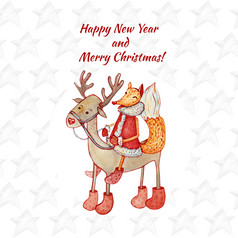 问候卡与文本快乐新一年和圣诞节的狡猾的狐狸游乐设施驯鹿手绘水彩