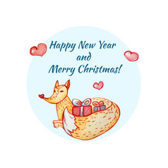 问候卡快乐圣诞节和快乐新一年狐狸拥抱的礼物水彩插图白色背景