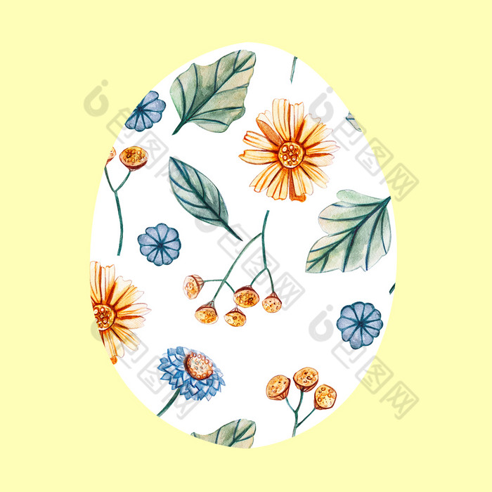 白色复活节蛋黄色的背景与模式花装饰复活节蛋与野花黄色的雏菊蓝色的康乃馨绿色叶子有限的的形状蛋白色复活节蛋黄色的背景与模式野生花