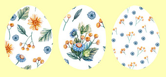 集白色复活节鸡蛋黄色的背景与模式花装饰复活节鸡蛋与野花黄色的雏菊蓝色的<strong>康乃馨绿色</strong>叶子是有限的的形状的蛋集复活节鸡蛋黄色的背景与模式野生花