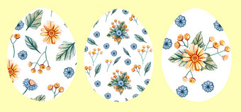 集白色复活节鸡蛋黄色的背景与模式花装饰复活节鸡蛋与野花黄色的雏菊蓝色的康乃馨绿色叶子是有限的的形状的蛋集复活节鸡蛋黄色的背景与模式野生花