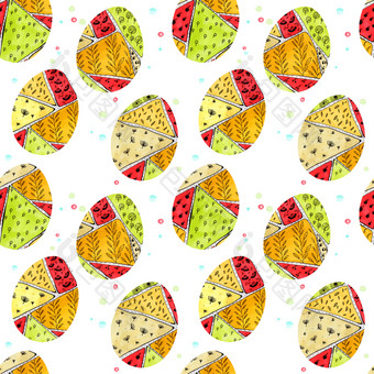 无缝的模式与复活节鸡蛋与色彩斑斓的模式涂鸦风格春天假期画蛋与红色的橙色黄色的绿色和米色点几何形状水果和蛋糕传播无缝的模式与复活节鸡蛋与模式涂鸦风格