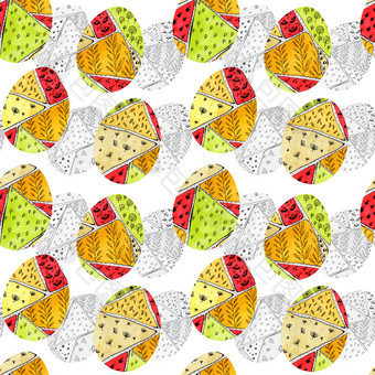 无缝的模式与复活节鸡蛋与色彩斑斓的和单色模式涂鸦风格春天画蛋与红色的橙色黄色的和绿色点几何形状水果叶子和树无缝的模式与复活节鸡蛋与模式涂鸦风格