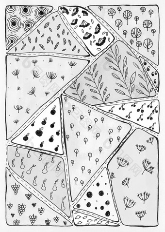 摘要单色背景涂鸦风格垂直拼接而成背景从三角形填满与饰品手画插图与几何形状水果叶子植物和树摘要单色背景涂鸦风格