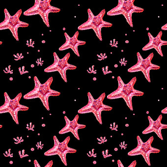 无缝的背景与海星和藻类海星画手孤立的粉红色的海星位于黑色的背景夏天海概念无缝的模式与海星和藻类