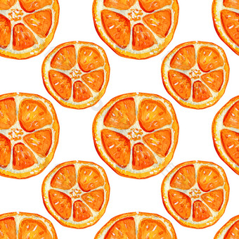 无缝的模式与片橙色夏天柑橘类异国情调的水果明亮的背景切片橙色孤立的白色背景手画水彩无缝的模式与片橙色