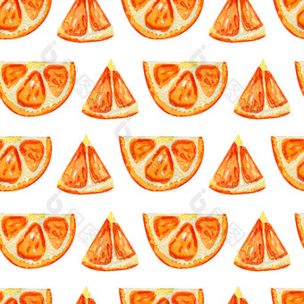 无缝的模式与片橙色夏天柑橘类异国情调的水果明亮的背景切片橙色孤立的白色背景手画水彩无缝的模式与片橙色