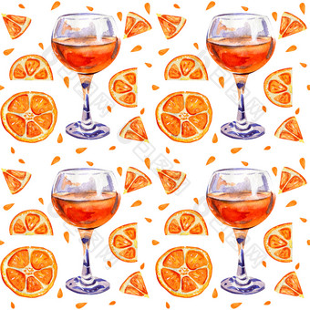 无缝的模式与眼镜橙色汁夏天柑橘类异国情调的喝片橙色手绘水彩明亮的背景为印刷织物包装纸无缝的模式与眼镜橙色汁