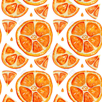 无缝的模式与片<strong>橙色</strong>夏天柑橘类异国情调的水果明亮的背景切片<strong>橙色</strong>孤立的白色背景手画水彩无缝的模式与片<strong>橙色</strong>