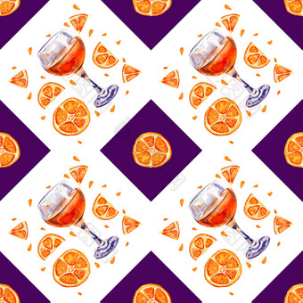 无缝的背景与眼镜橙色汁夏天柑橘类异国情调的喝片橙色手画水彩紫罗兰色的广场无缝的背景与眼镜橙色汁