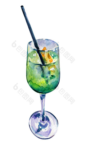 含酒精的鸡尾酒与橙色片长喝绿色玻璃与稻草蓝色的库拉索岛酒水彩画含酒精的鸡尾酒与橙色片
