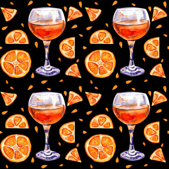 无缝的背景与柑橘类汁片橙色黑色的背景热带让人耳目一新鸡尾酒含酒精的鸡尾酒夏天概念水彩插图无缝的背景与橙色汁