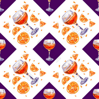 无缝的背景与柑橘类汁片橙色白色背景热带让人耳目一新鸡尾酒紫色的广场夏天概念水彩插图无缝的背景与橙色汁