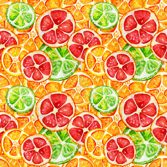 无缝的模式与橙色<strong>葡萄柚</strong>和石灰热带让人耳目一新异国情调的夏天概念水彩插图无缝的模式与橙色<strong>葡萄柚</strong>和石灰